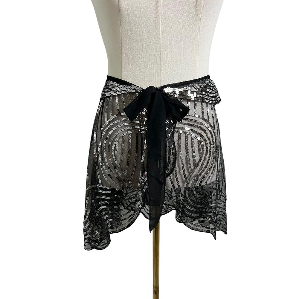 VIJIV Wrap Skirt Womens One Size Black Sequin Sheer Tie Waist Festival Dance
